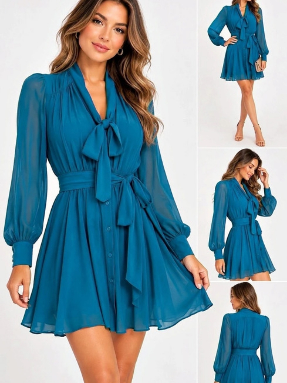 Rachel Zoe Long Sleeve Mini Dress Blue 100% Silk Size 10